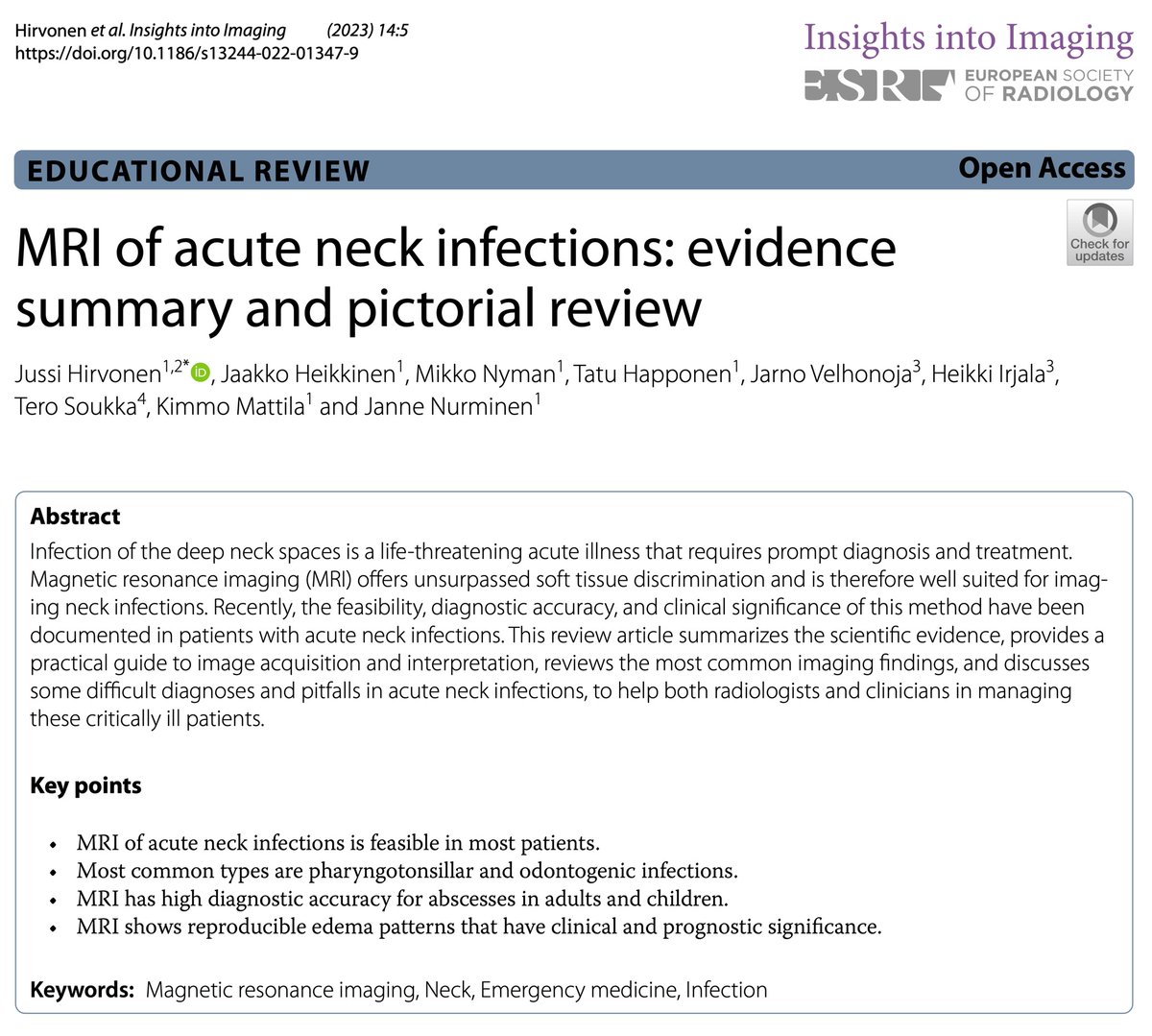 Jussi Hirvonen (@jussihirvonen) on Twitter photo Our educational review on MRI of neck infections now published #OpenAccess:
insightsimaging.springeropen.com/articles/10.11โฆ
๐ Summary of scientific evidence
๐ Practical guide to protocols and interpretation
๐ Review most common findings
๐ Discuss difficult diagnoses and pitfalls
... and more! ๐ Our educational review on MRI of neck infections now published #OpenAccess:
insightsimaging.springeropen.com/articles/10.11โฆ
๐ Summary of scientific evidence
๐ Practical guide to protocols and interpretation
๐ Review most common findings
๐ Discuss difficult diagnoses and pitfalls
... and more! ๐