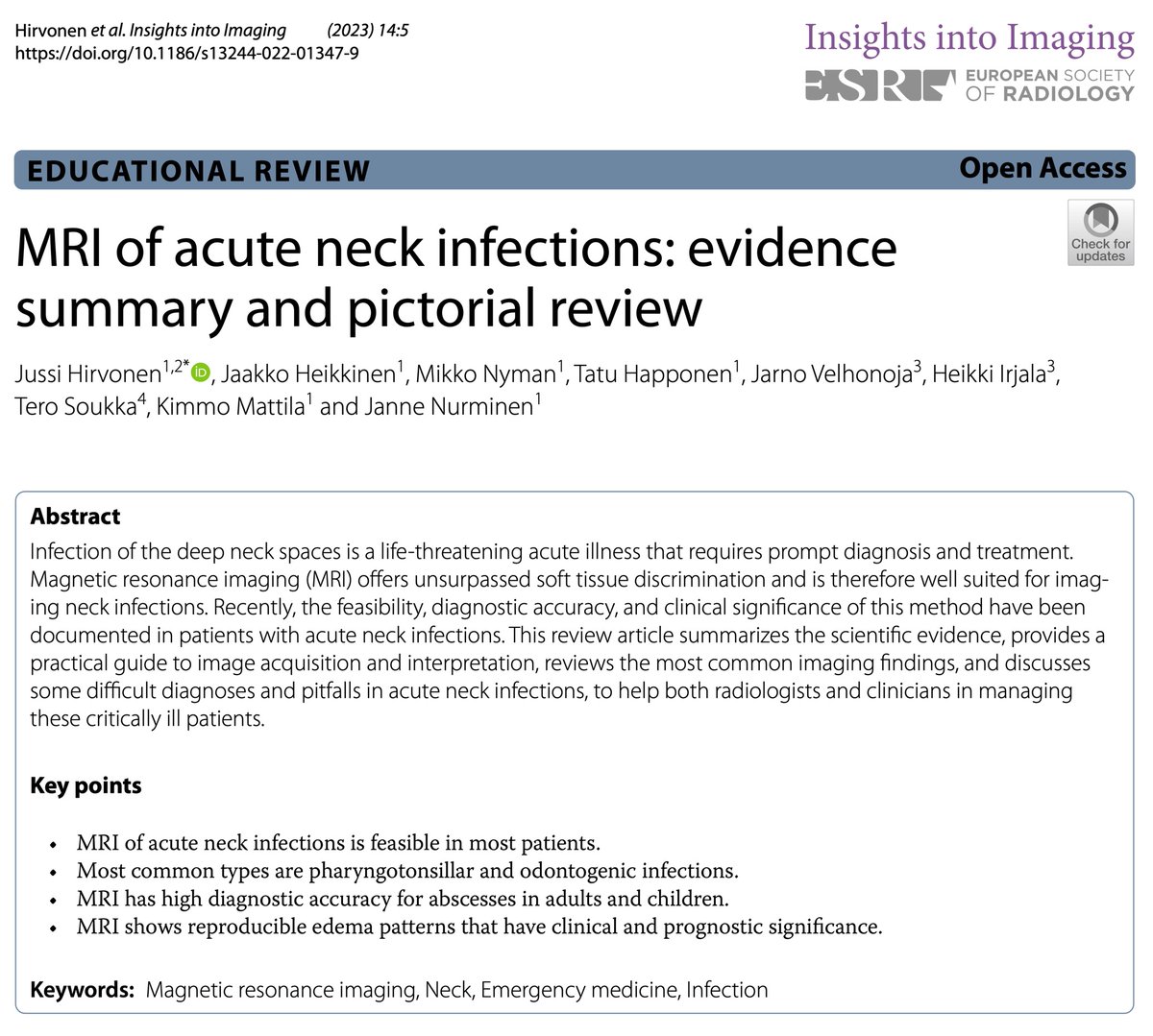 Our educational review on MRI of neck infections now published #OpenAccess: insightsimaging.springeropen.com/articles/10.11… 🌟 Summary of scientific evidence 🌟 Practical guide to protocols and interpretation 🌟 Review most common findings 🌟 Discuss difficult diagnoses and pitfalls ... and more! 👇