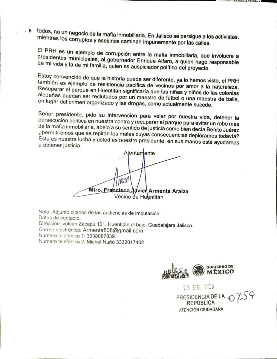 JavierArmentaMX's tweet photo. Carta a Andrés Manuel López Obrador. @lopezobrador_ 

Levantar la voz por la justicia en Jalisco tiene un costo, en vísperas de Navidad, el gobernador Enrique Alfaro inició una persecución política en mi contra para meterme a la cárcel por defender un parque público, el Parque https://t.co/JNGSK2E5LX