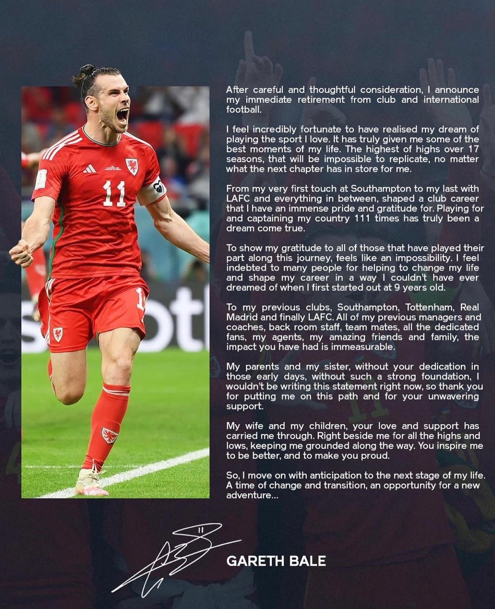 ftpro95's tweet photo. 🚨OFICIAL: Gareth Bale con sólo 33 años cuelga las botas. El exjugador del Real Madrid ha anunciado su retirada del fútbol, tanto a nivel de clubes como de selecciones a través de un doble comunicado.

📌¿Qué te parece?

Sígueme para más 👉👉 @ftpro95

#bale #garethbale #ftpro95 https://t.co/UULNRRUZdh