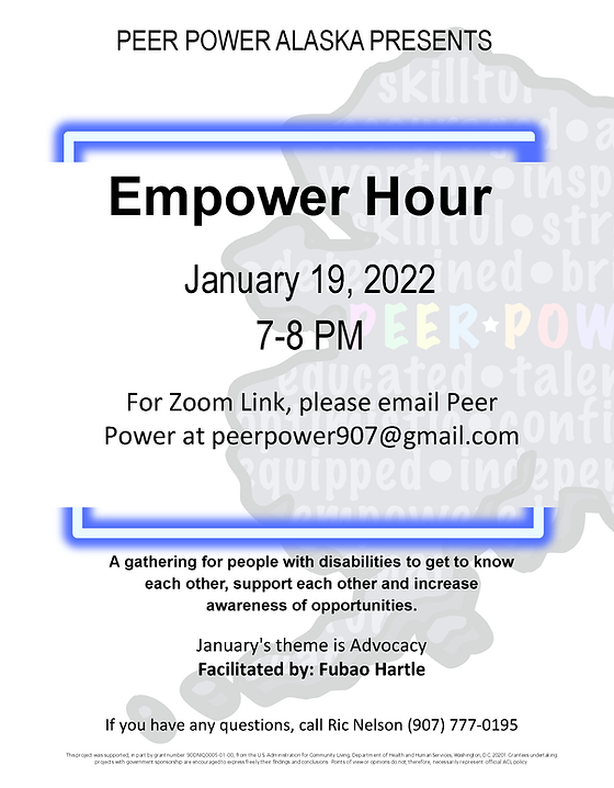 GCDSE's tweet photo. Empower Hour

January 19, 2023 7-8 PM

For Zoom Link: Please email Peer Power at peerpower907@gmail.com

January's theme is Advocacy

Facilitated by: Fubao Hartle

If you have any questions, call Ric Nelson at (907) 777-0195 https://t.co/8HnMJI4HLy