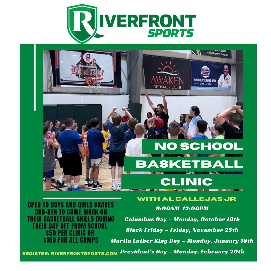 We are only 1 WEEK AWAY away from our January No-School Basketball clinic 🚨🚨🚨

🏀Martin Luther King Day 2023 
January 16th – 9am to Noon
Registration Deadline: January 13th 

🏀President’s Day 2023 
Feburary 20th- 9am to Noon

🚨Click here to register: riverfrontsports.com/basketball-no-…