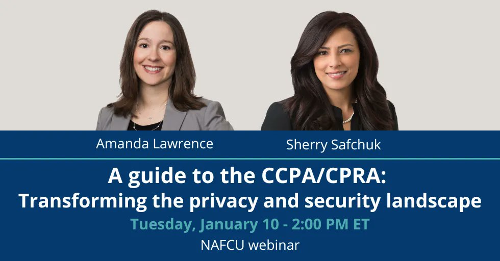 buckleyfirm's tweet photo. Buckley partners Amanda Lawrence and Sherry Safchuk will discuss the revised California Consumer Privacy Act and the challenges that the California Privacy Rights Act amendments present for businesses subject to these revisions. https://t.co/qsgdRHAvoT https://t.co/yJNYXpKQ4q