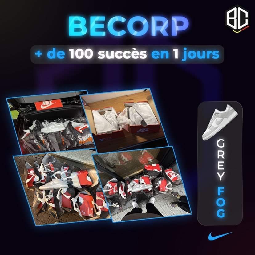 Quoi de plus pour entamer cette belle année aux côtés de BeCorp? 🛍📈

Plus de 100 paires de Dunk low Grey Fog cop par nos membres 🛒