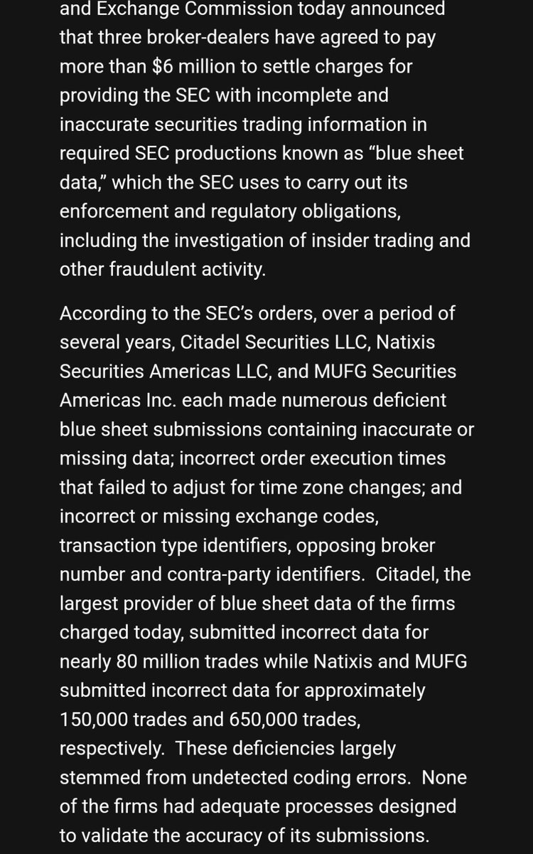 godofmarkets's tweet photo. SEC whistleblow filing that indicates Citadel submitted 80 million incorrect trades on their "BLUE sheets." 🧐 $GME #MOASS #wallstreetbets #GMErica #kengriffinlied #citadelscandal #DRS #GameStopNFT #SuperStonk #wallstreetsilver https://t.co/VW71zBnHzF