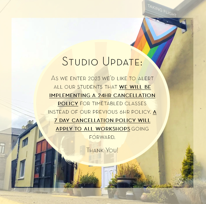 TakingFlightDub's tweet photo. STUDIO UPDATE: As we enter 2023 we’d like to alert all our students that we will be implementing a 24hr cancellation policy for timetabled classes instead of our previous 6hr policy. a 7 day cancellation policy will apply to all workshops going forward. 

Thank You! https://t.co/MKrGdb31qi