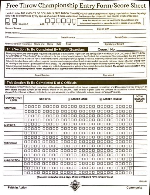 Please see attached information regarding the upcoming Knights of Columbus Free Throw Championship for boys and girls ages 9-14.