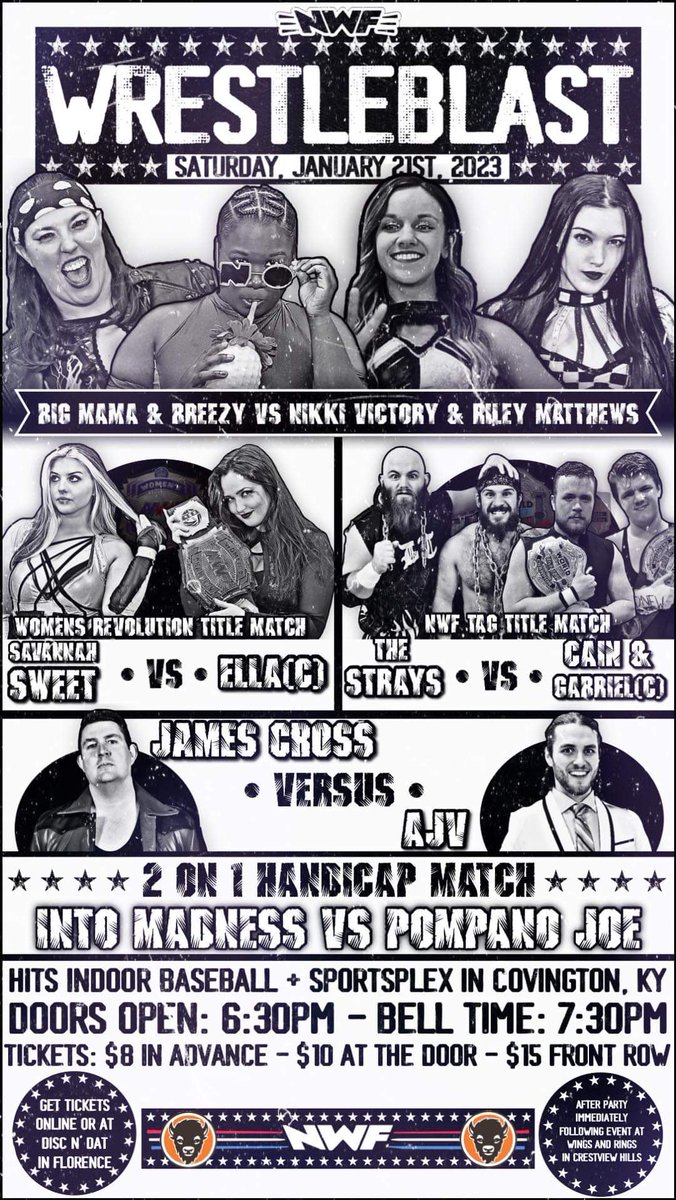 nwfwrestling's tweet photo. Will @realsavsweet be the one to end Ella's (@screamqueenella) 330+ day reign as NWF Women's Revolution Champion at #WrestleBlast on January 21st in Covington, KY @HITSBaseball?
🎟🔗: https://t.co/BqLZvuEDXm
🚪: 6:30 pm
🔔: 7:30 pm https://t.co/EyKcpzsH4e