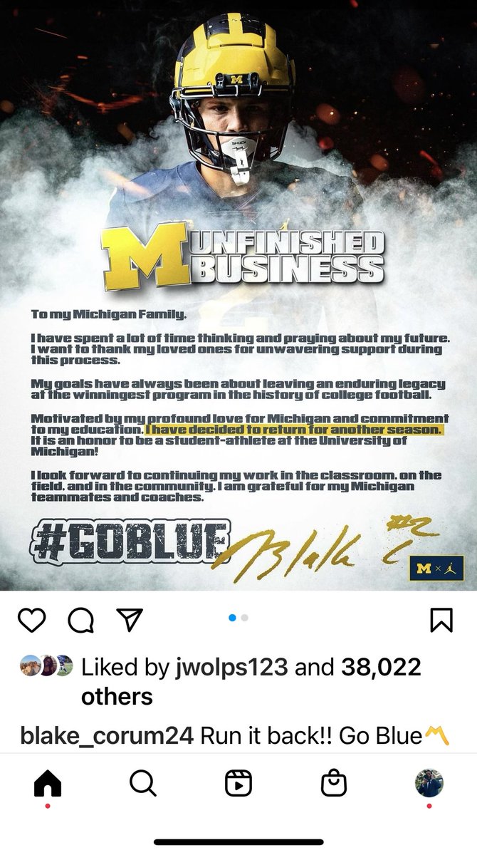 AdamSchefter's tweet photo. Michigan RB Blake Corum announced on IG that he is returning to school and not yet entering the NFL Draft. https://t.co/rOjDDtDu95