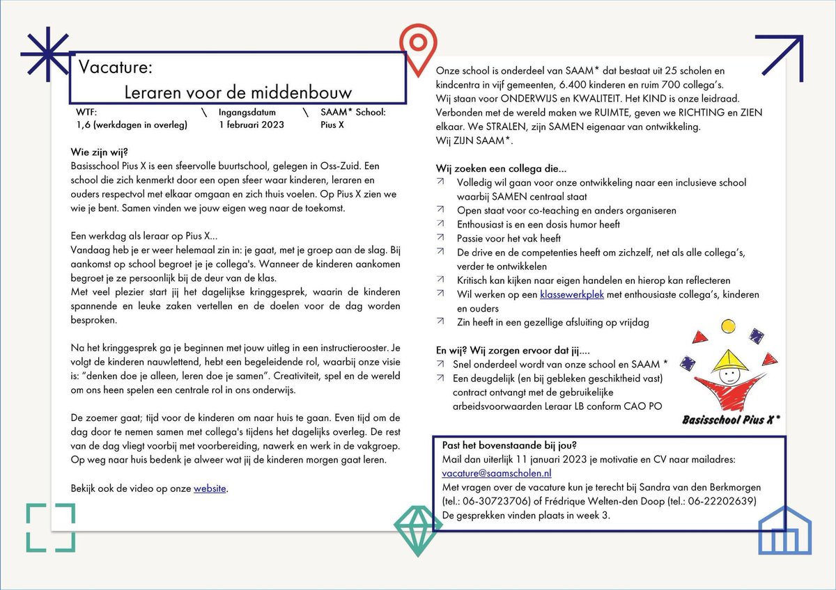 SBerkmortel's tweet photo. Mooie vacature op fijne werkplek @BSPiusX @SAAMscholen @klassewerkplek https://t.co/pFvPapJoBt