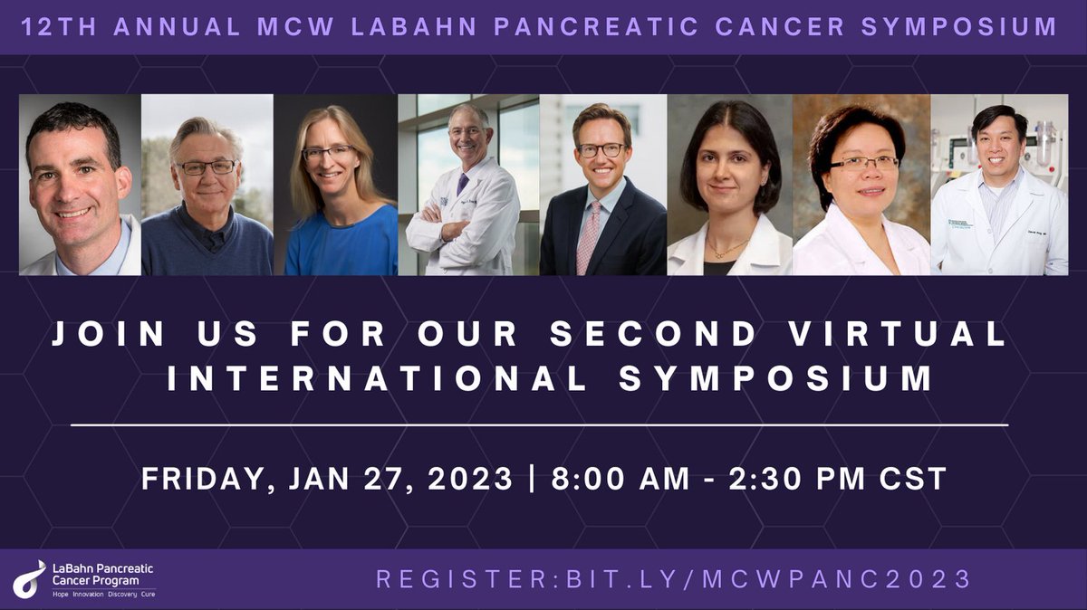 REMINDER 📅FRIDAY, JAN 27 2023.  Join us for the 12th Annual MCW LaBahn Pancreatic Cancer Symposium!  Follow the link for the speaker list and to register ⬇️

Register today: bit.ly/MCWPANC2023

<a href="/MCWSurgery/">MCW Surgery</a> 
<a href="/NatPancFdn/">The National Pancreas Foundation</a>