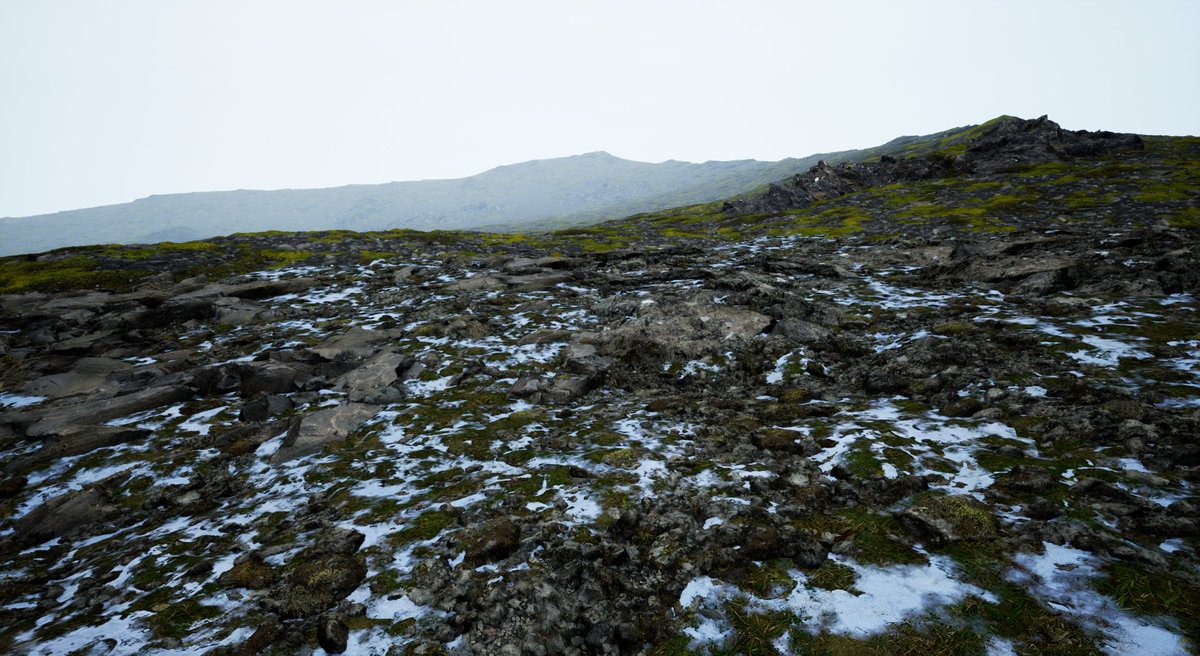 JoshENVs's tweet photo. Feels good to continue my personal project after the holiday break! Here's an update on my mossy Icelandic mountain, with part of the snowy environment that I've been working away at. #UnrealEngine #madewithunreal #gamedev #environmentart #gameart https://t.co/RQoaVKoc1o