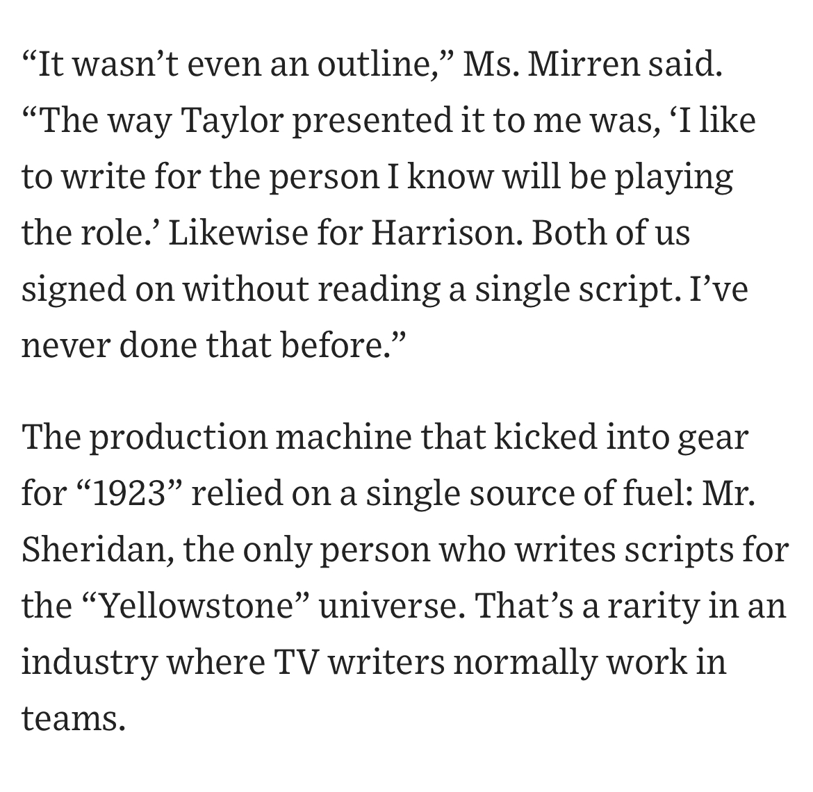 robertliefeld's tweet photo. Sheridan wields Ultimate Power - both Helen Mirren &amp; Harrison Ford signed on to 1923 without so much as an outline! Love it! Entire story @WSJ https://t.co/C2hKbyyk8w