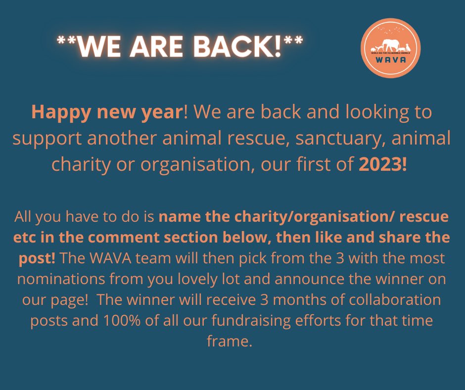 WE ARE BACK! To nominate a worthy animal organisation in need of funding, please tag them in the comments, like and share our post! 😁 
#animalwelfare #fundraising #animalfundraiser #animalorganization #wava #worldaidforvulnerableanimals