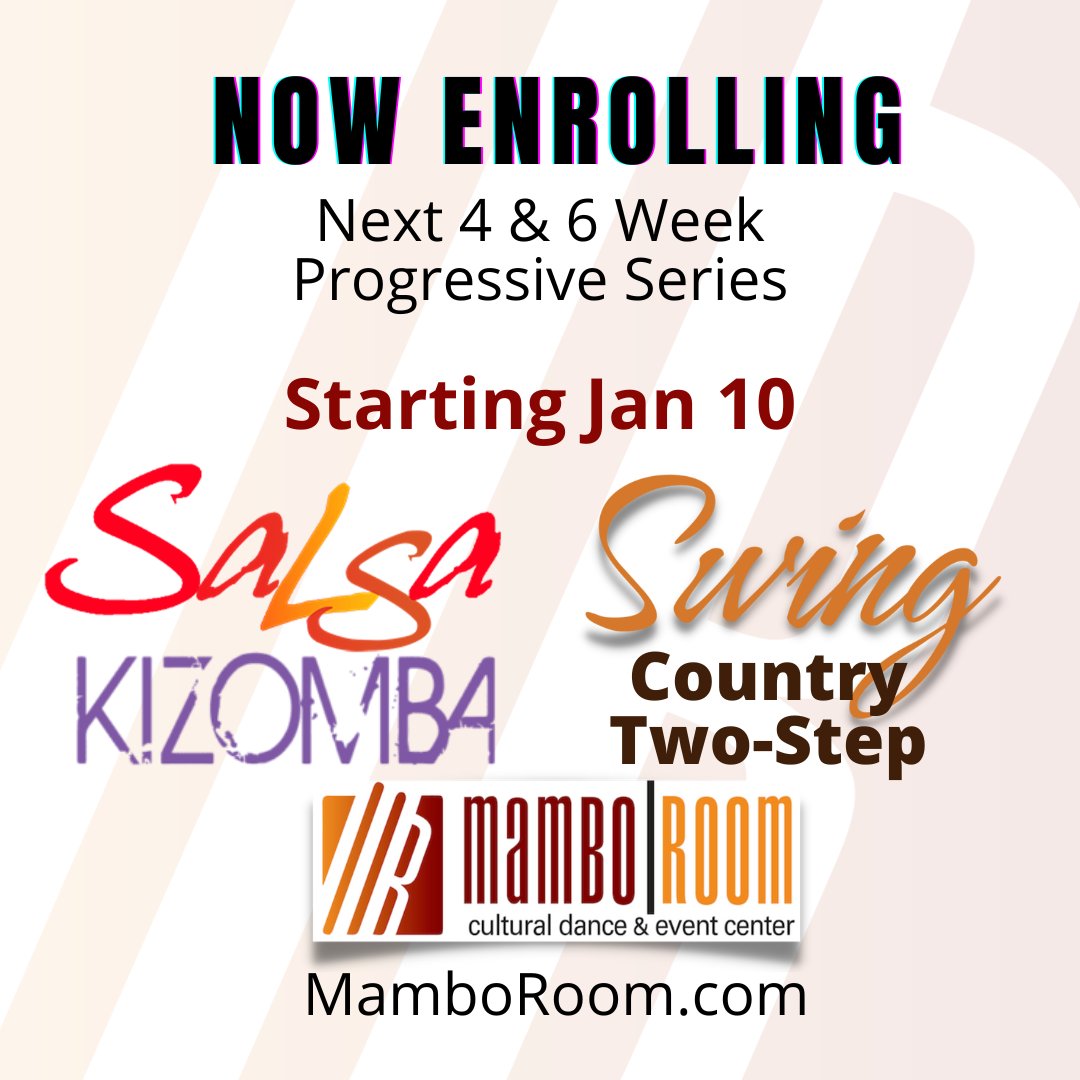 mamboroom's tweet photo. Tuesday is West Coast Swing &amp; Two-Step, Thursday is Kizomba and Salsa begins Wednesday Jan 18th. Be sure to sign up early to get a discount online! https://t.co/t4LFRapeyb https://t.co/k7HkVXqnGP