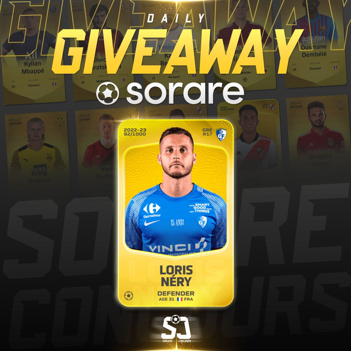 🎁 CONCOURS SORARE LIGUE 2 🎁

JOUEUR À GAGNER : LORIS NERY

Conditions pour participer : 

- Follow @SorareConcours 
- Retweet ♻️
- Like ♥️

Fin du concours 10/01 à 20h00

#Sorare #TeamSorare #Giveaway #Concours #football #NFT #ETH #crypto #NFTGiveaway #cryptoGiveway #Grenoble