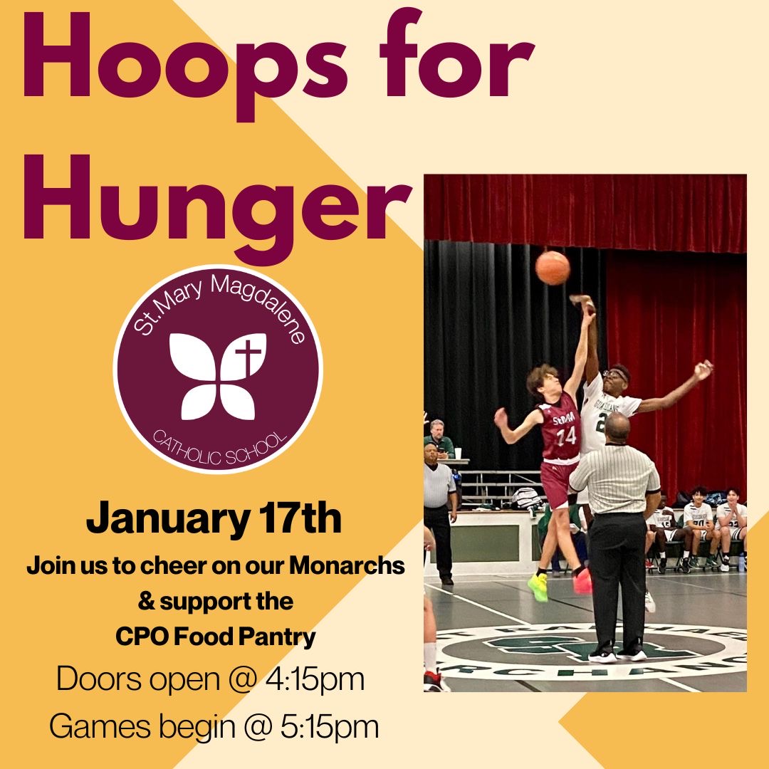 StmmNC's tweet photo. Join us for our 15th annual Hoops for Hunger basketball event on January 17th! Please bring canned food items or monetary donations to enter. All proceeds benefit Catholic Parish Outreach.β€οΈπ #wepray #welearn #wecare #monarchnation #hoopsforhunger https://t.co/N7gHmGo8xc