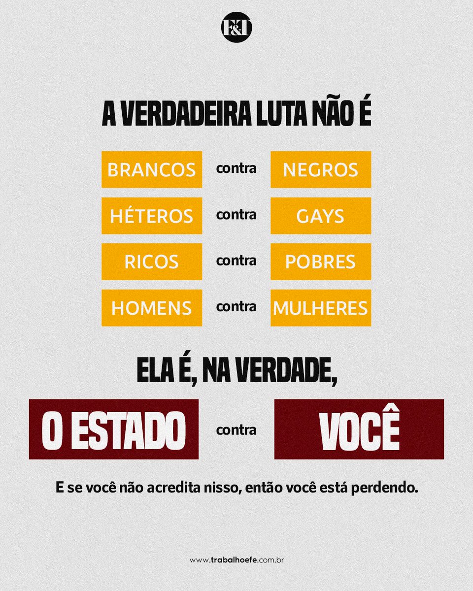 FeTrabalho1's tweet photo. O Estado tenta, o tempo todo, nos colocar uns contra os outros.

Mas a verdadeira batalha é essa: a mão pesada do Estado contra o bolso do contribuinte.

--

#estado #governo #socialismo #comunismo #guerradeclasses #lutadeclasses #direita #direitaconservadora #conservadorismo https://t.co/PFv2YfB4Vh