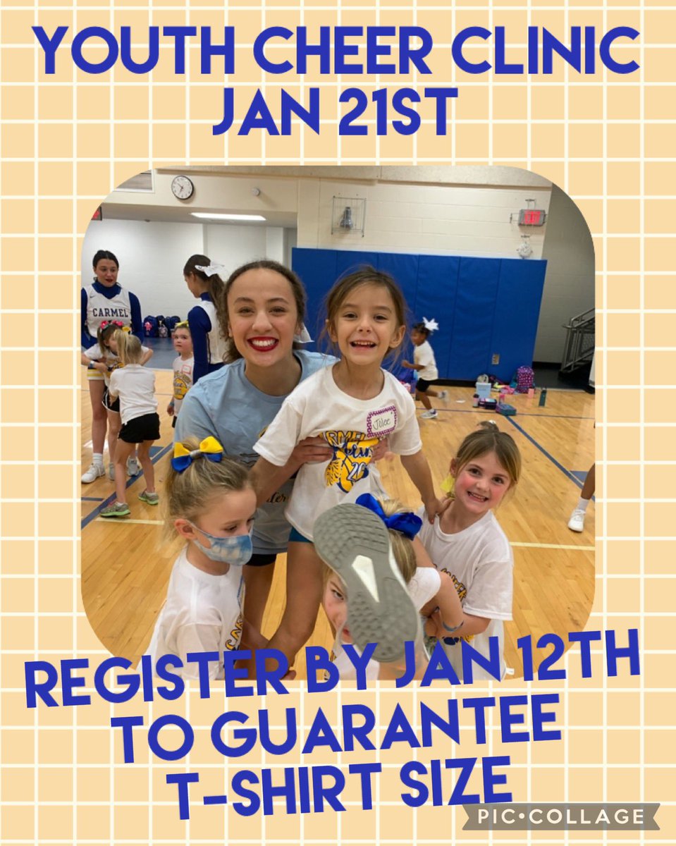 CarmelHSCheer's tweet photo. We are so excited to have our annual Youth Cheer Clinic on January 21st 🏀🤩Register by January 12th to guarantee your t-shirt size. Registration will close on Monday January 15th. #youthclinic #wintercheer #futurehound🐾 https://t.co/9NCct8ozIF