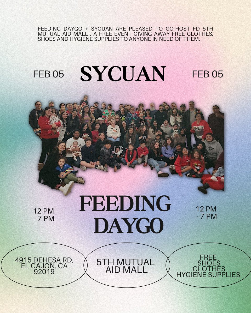 feedingdaygo's tweet photo. Hi everyone! We are so excited to announce our 5TH MUTUAL AID MALL! This time we will be hosting it in collaboration with Sycuan at the @sycuanfamilymarket .

When: February 05, 2023
Where: 4915 dehesa rd, el cajon, ca 92019
Time: 12 PM - 7 PM
✨FREE 👕,🪥&amp; 👟! https://t.co/HWE2HZCi7t