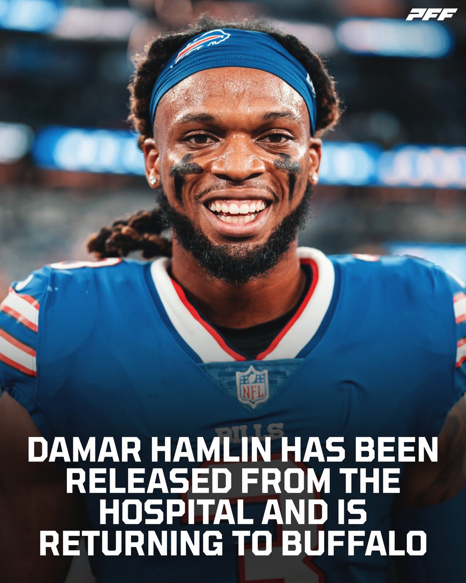 PFF's tweet photo. Damar Hamlin is going home 👏🙌 https://t.co/SSPfgFQK7w