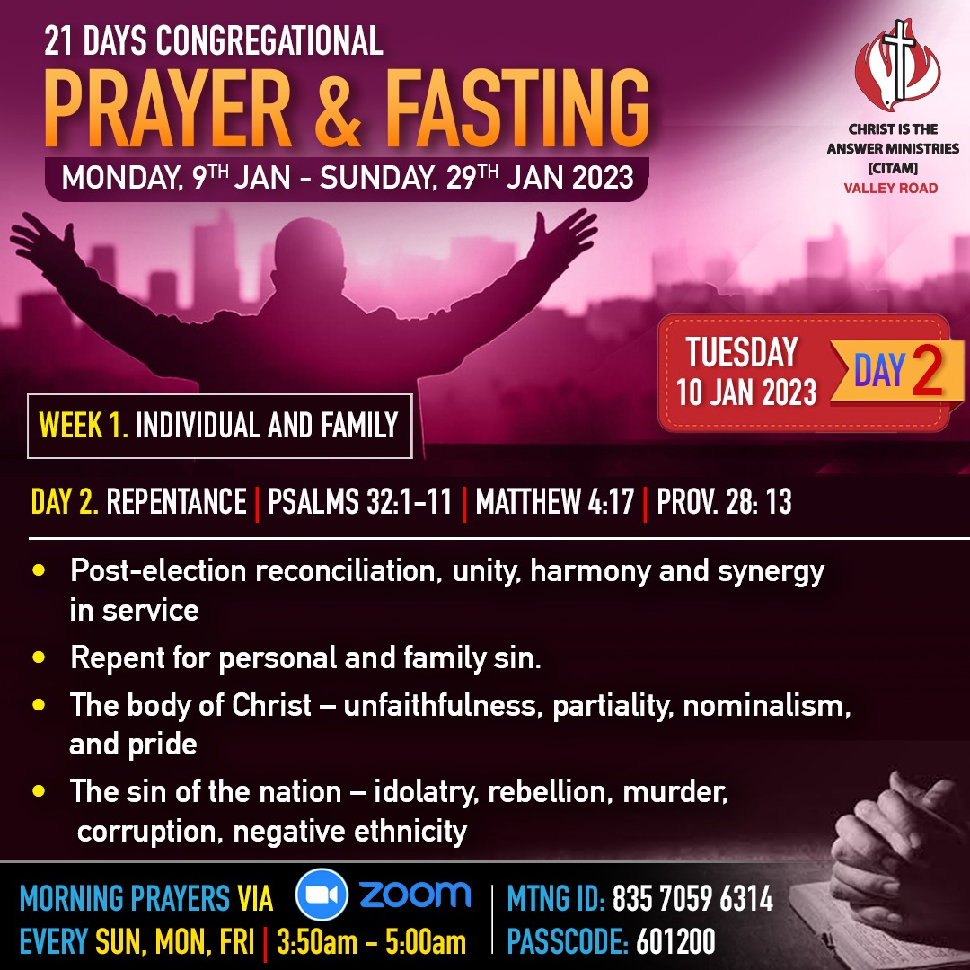 CitamVrdKE's tweet photo. You're all welcome to join us for Day 2 of the 21 days of prayer and fasting as we seek the face of God together this month.

Spend some time today in Repentance.

#21daysofprayerandfasting
#congregationalprayerandfasting
#InHisPresence https://t.co/10hS4dmvXo