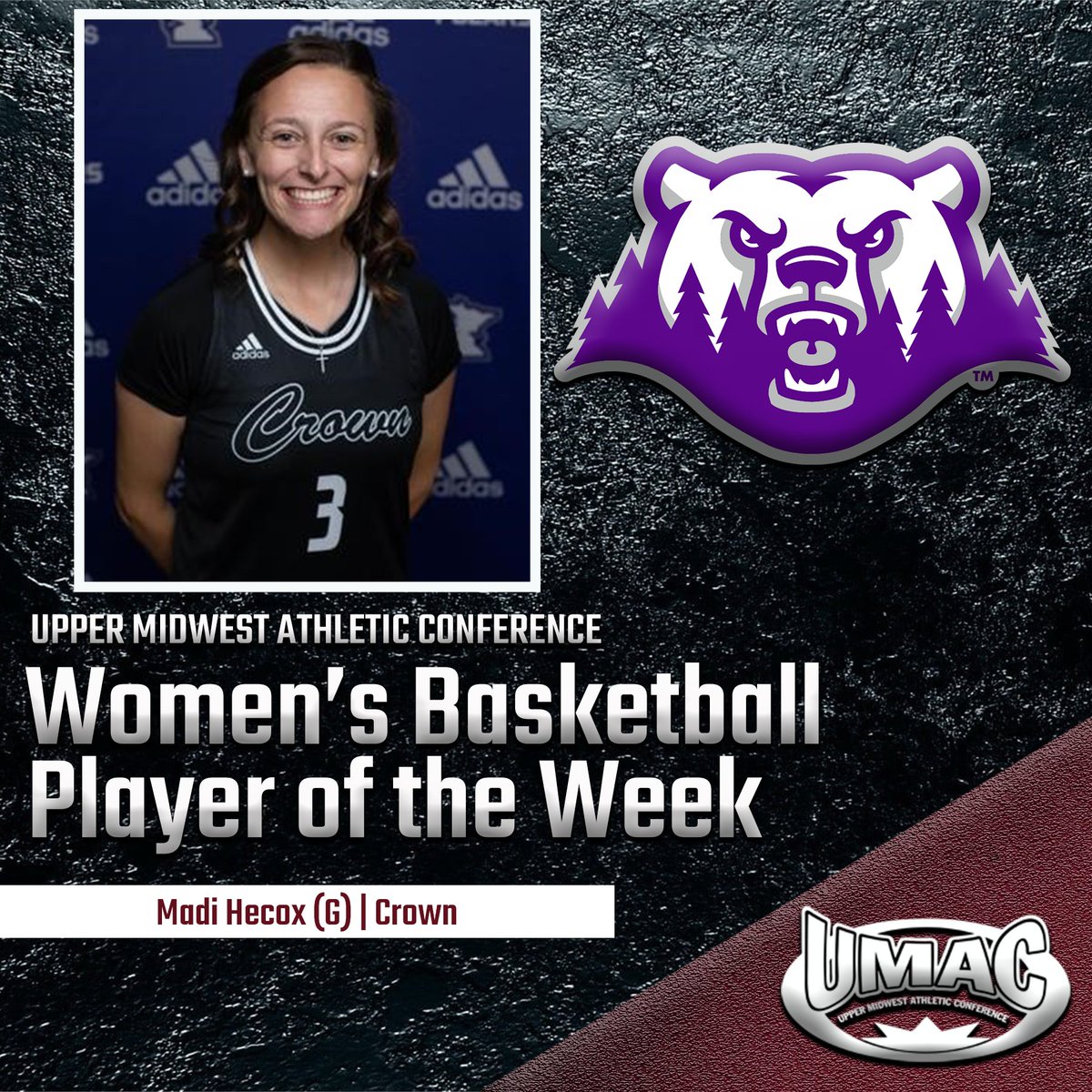 umacathletics's tweet photo. #UMACWBB | January 2-8 UMAC Women's Basketball Player of the Week!

Madi Hecox (Crown)
- Averaged 21 points, 7 rebounds, and 4 assists over three games last week, all of which were Polar wins.
- Recorded a double-double with 27 points and 13 rebounds in a win over Mount Mary. https://t.co/je6PhnYpUQ