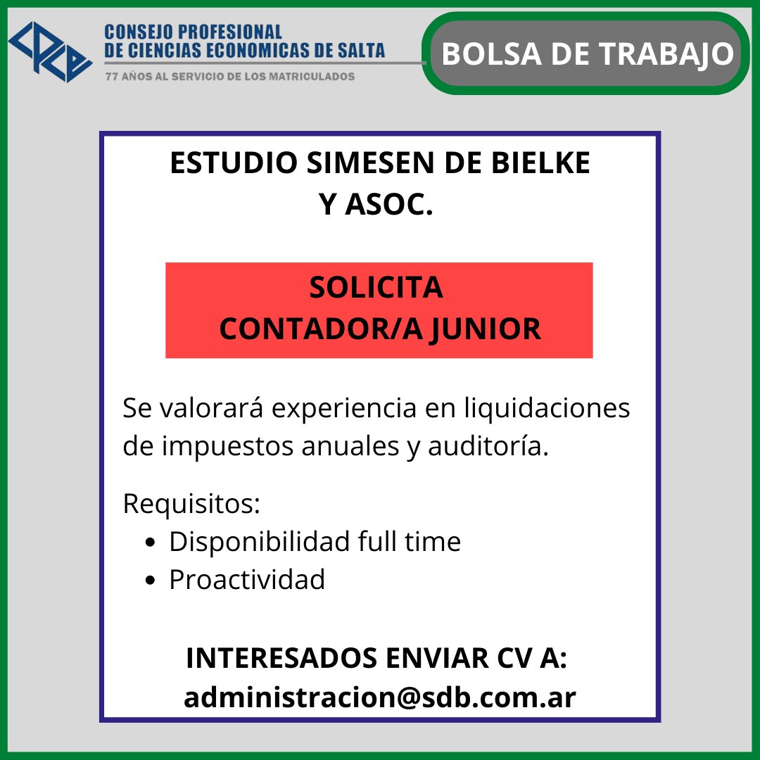 consejosalta's tweet photo. 💼💼 COMPARTIMOS LAS BÚSQUEDAS LABORALES DEL DÍA:
Agradecemos por confiar en la institución para la publicación de estas bolsas de trabajo, a los colegas:
👉 Cra. Valeria Simesen de Bielke
👉 Cr. Juan Manuel Herzberg
#consejosalta #contadoressalta #cpces https://t.co/BEkDV4y75y