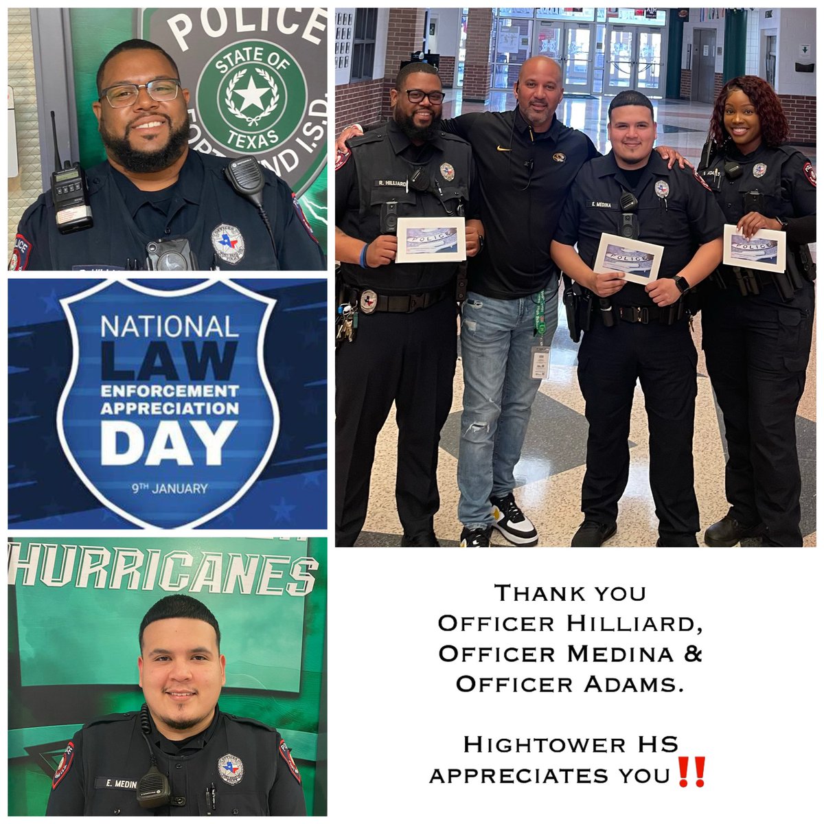HHS_PTECH's tweet photo. #LawEnforcementAppreciationDay @HHS_Canes @FBISDPolice @FortBendISD Thank you to our amazing 🤩 &amp; extremely hardworking campus officers @officerhilliard @officermedina @officeradams 💙 #bethestorm 🌀 https://t.co/idG3ORes82