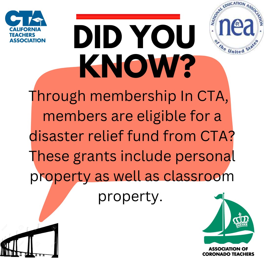 nadoACT's tweet photo. Reminder: CTA has a disaster relief fund.The grants in the fund can help w/ personal and classroom property. For more info visit: https://t.co/S23eF8bMEG
If you are in need of any assistance reach out to your site reps or email coronadoteachers@gmail.com
#WeAreACT #WeAreCTA https://t.co/2RMhherRQl