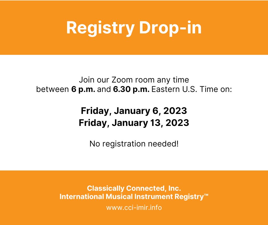 CCIncOrg's tweet photo. Have Qs about the Classically Connected, Inc. International Musical #InstrumentRegistry™? This Friday, #dropin on us @ https://t.co/Z4PIyR0cnA #CCIIMIR #instruments #luthier #instrumentmaker #musician #museum #investor #insurance #classicalmusic #music #dropinsession #qna #qanda https://t.co/HMDgwmKvSK