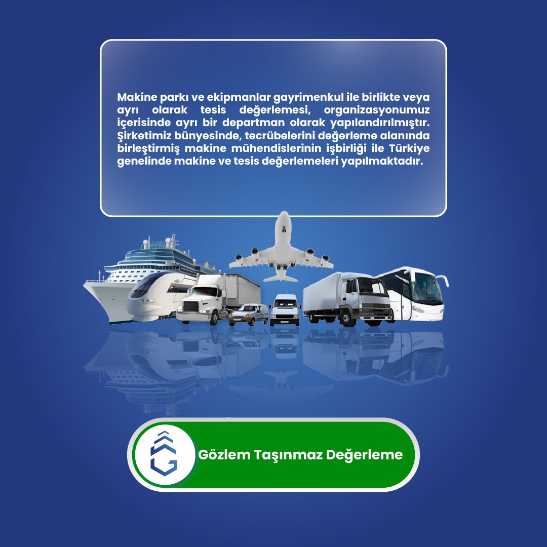 gozlemtd's tweet photo. Makine parkı ve ekipmanlar gayrimenkul ile birlikte veya ayrı olarak tesis değerlemesi, organizasyonumuz içerisinde ayrı bir departman olarak yapılandırılmıştır.  #değerlemeraporu #taşınmazdeğerleme #makinedeğerleme #makineveekipman https://t.co/LXRfd9Vv2i