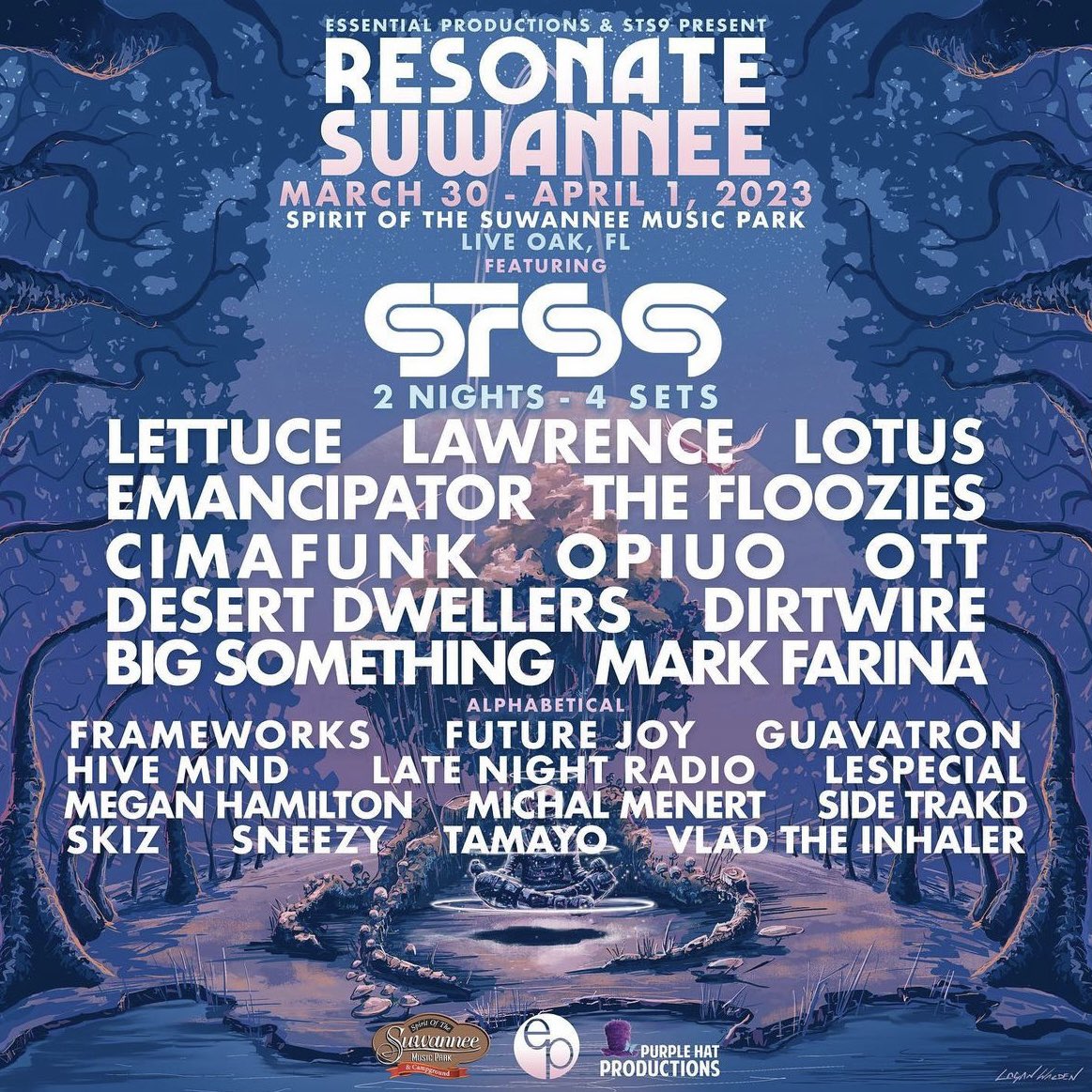 STS9's tweet photo. 4 Total STS9 Sets in 2 Nights @resonatesuwann1 ✨💜  join us at the Spirit of the Suwannee for a magical festival experience 💜✨ 

Springtime in the Southeast!

Tickets go on sale this Friday 1/13 https://t.co/PJY7PxpDcg
