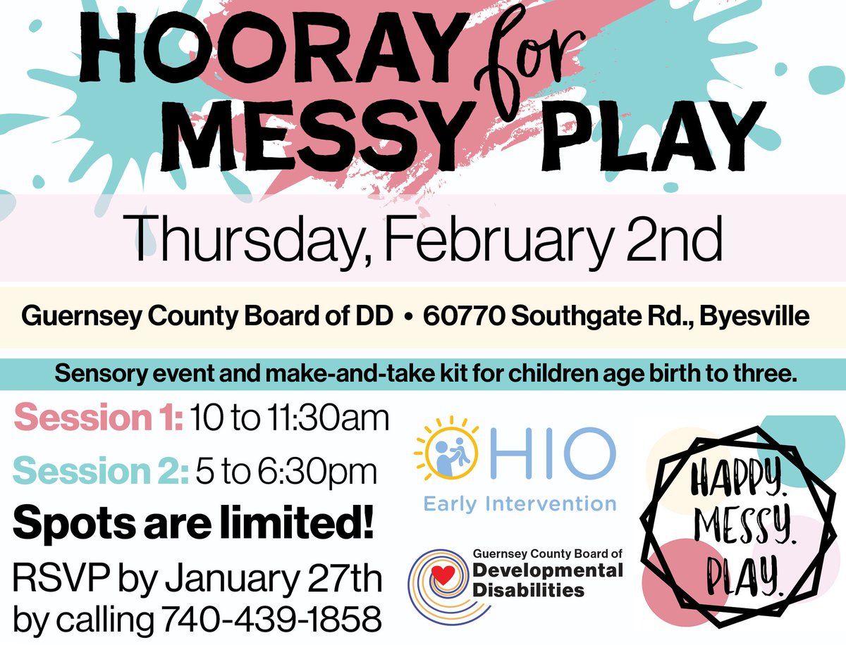 Our Early Intervention staff is teaming up with Happy Messy Play for a fun, free event open to children of all abilities, age birth to three.Spots are limited, RSVP by January 27th by calling 740-439-1858.