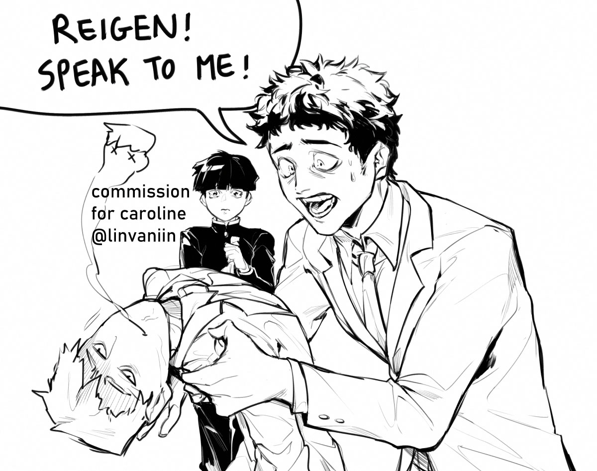 i got commissioned to draw dead reigen like a crumpled up piece of paper while serizawa holds him and mob is in the back crying. this is my first serirei 