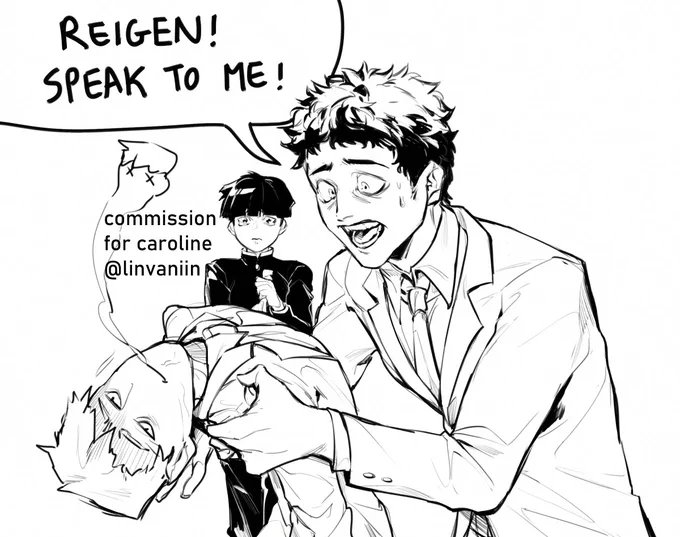i got commissioned to draw dead reigen like a crumpled up piece of paper while serizawa holds him and mob is in the back crying. this is my first serirei 