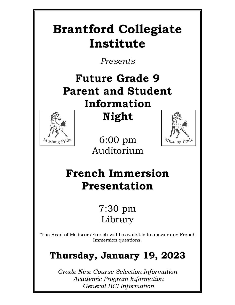 BCIVS's tweet photo. BCI is hosting the Future Grade 9 Parent Information Night on Thursday, January 19 2023 beginning at 6 pm.  A French Immersion program presentation will follow at 7:30 pm for interested families. https://t.co/zDfxqc16X5