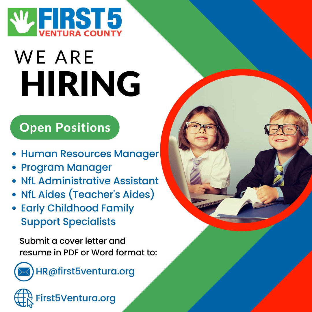 First5Ventura's tweet image. We have some exciting new positions available atF5VC! As a family-friendly employer, our team makes us great, join us!
first5ventura.org/get-involved

#hiring #newgrads #childdevelopment #First5 #earlylearning #earlyyears #prenatal #MCH #ECE #Jobs #VenturaCounty #homevisiting #HR