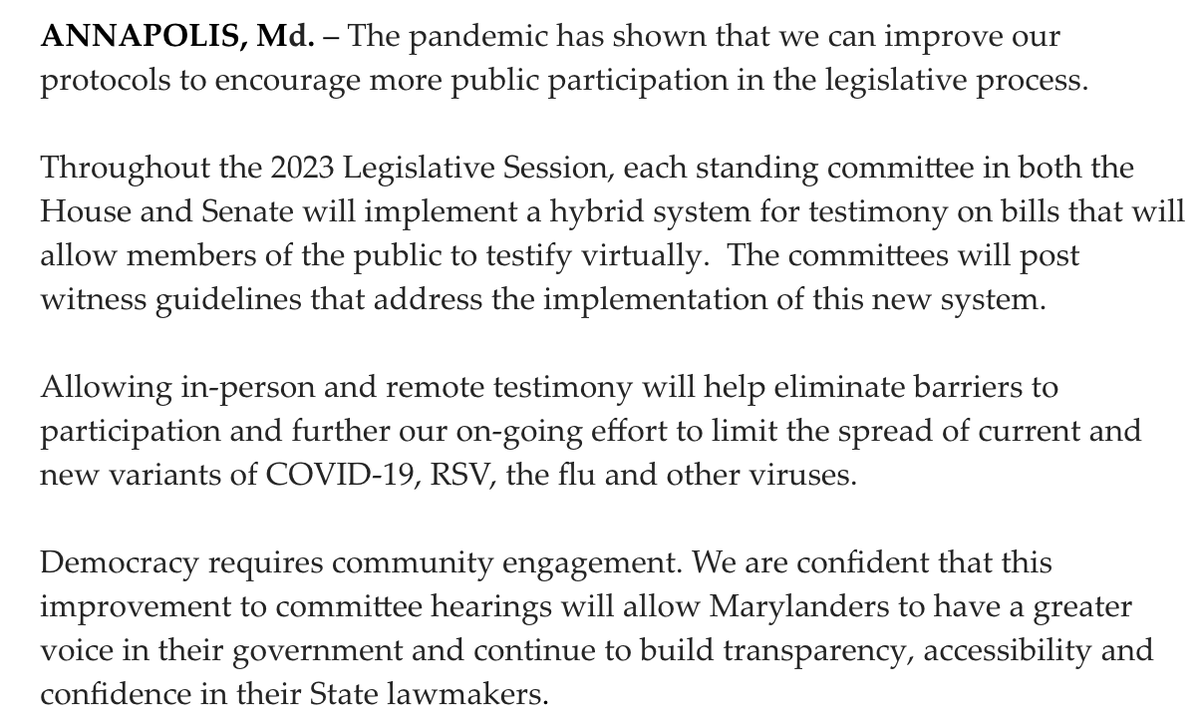 bpsears's tweet photo. .@SpeakerAJones &amp; Senate President @SenBillFerg jointly announce continuation of hybrid committee testimony that allows for both in-person &amp; remote witness participation. 
Here's the statement: https://t.co/qkGFjRVKLj