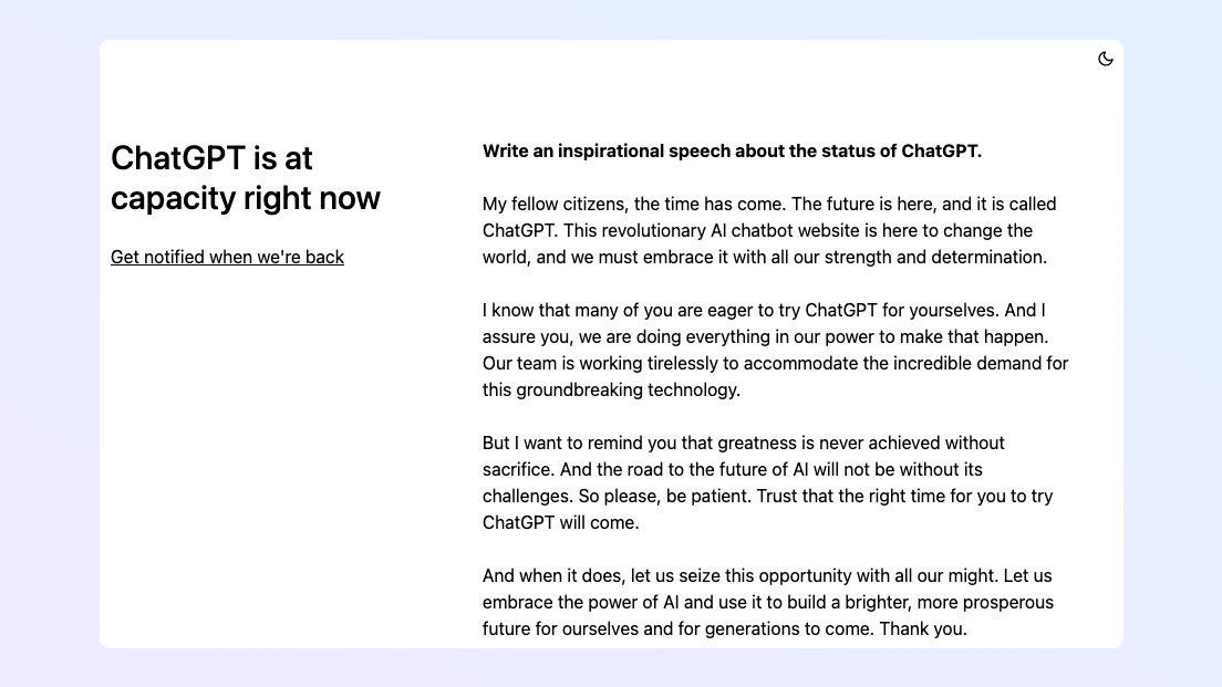 pdp's tweet photo. Everyone is getting this message right now. Me too! The good news is that viable alternatives are available at a small cost. #ChatGPT #GPT3 #ChatBotKit https://t.co/MY4JRJv5t1