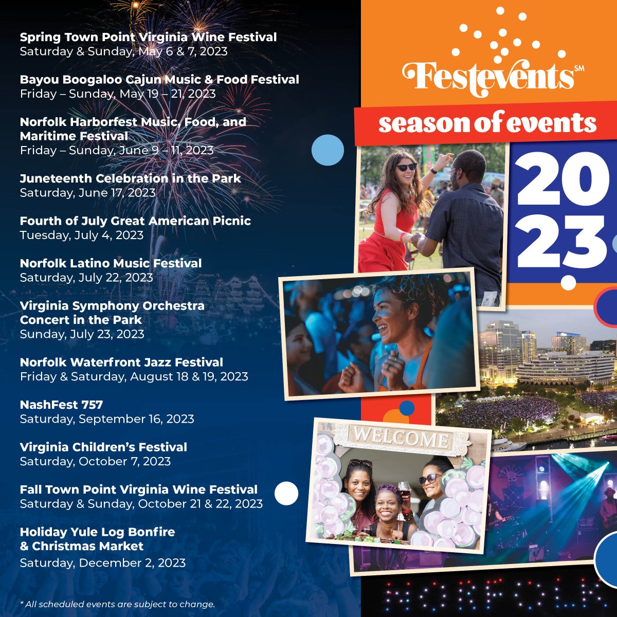 Festevents's tweet photo. Norfolk Festevents has officially unveiled its 2023 Season of Events, marking the organization’s 41st season of dynamic waterfront festivals, events, and celebrations for the City of Norfolk and the Hampton Roads community! Visit https://t.co/WjnBAxyGxd for more info! #Festevents https://t.co/c1BfCshFmr