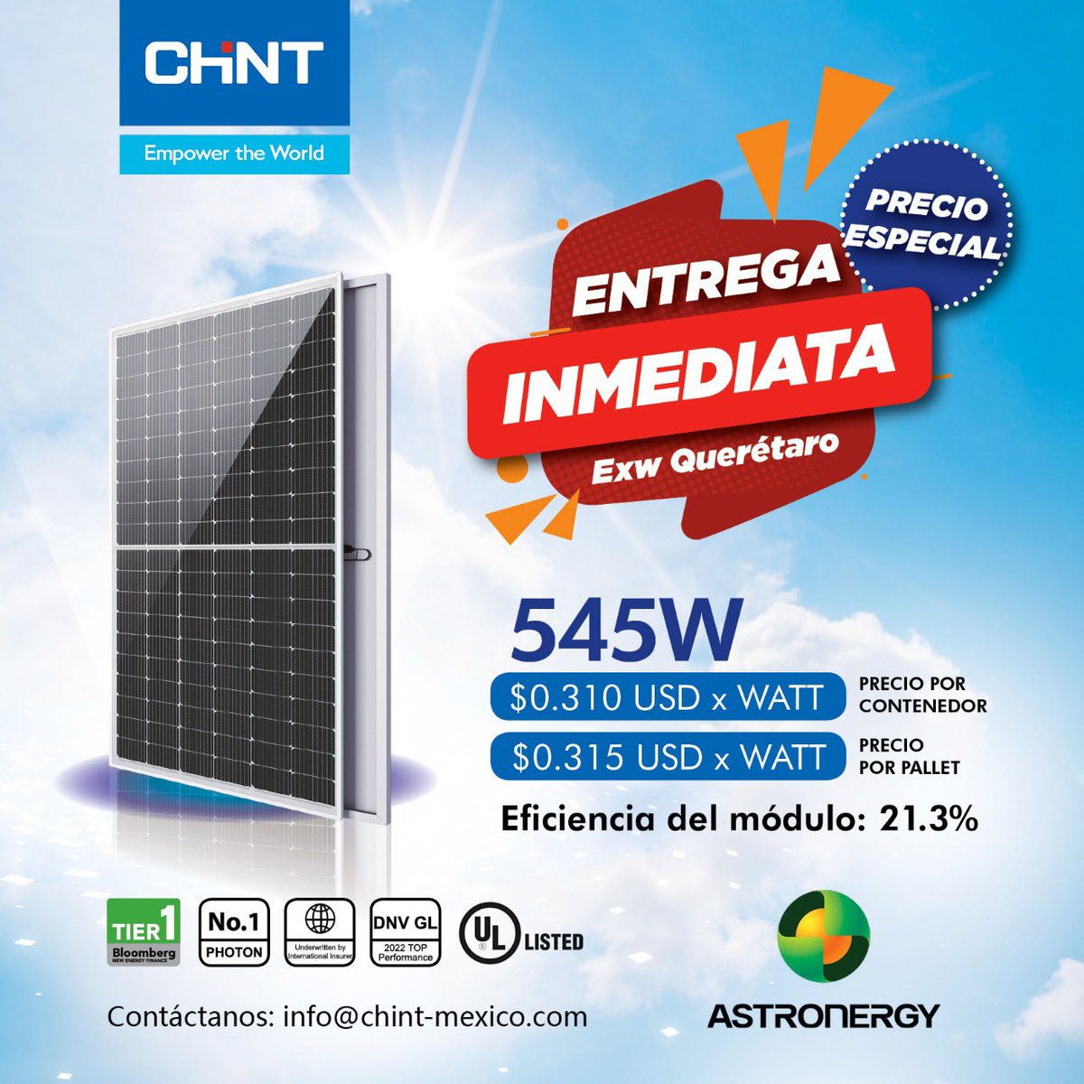 ¡Aprovecha está gran promoción! 
Con precio especial y entrega inmediata. 
#Astronergy #ChintMexico #ConoceElPoderDeChint