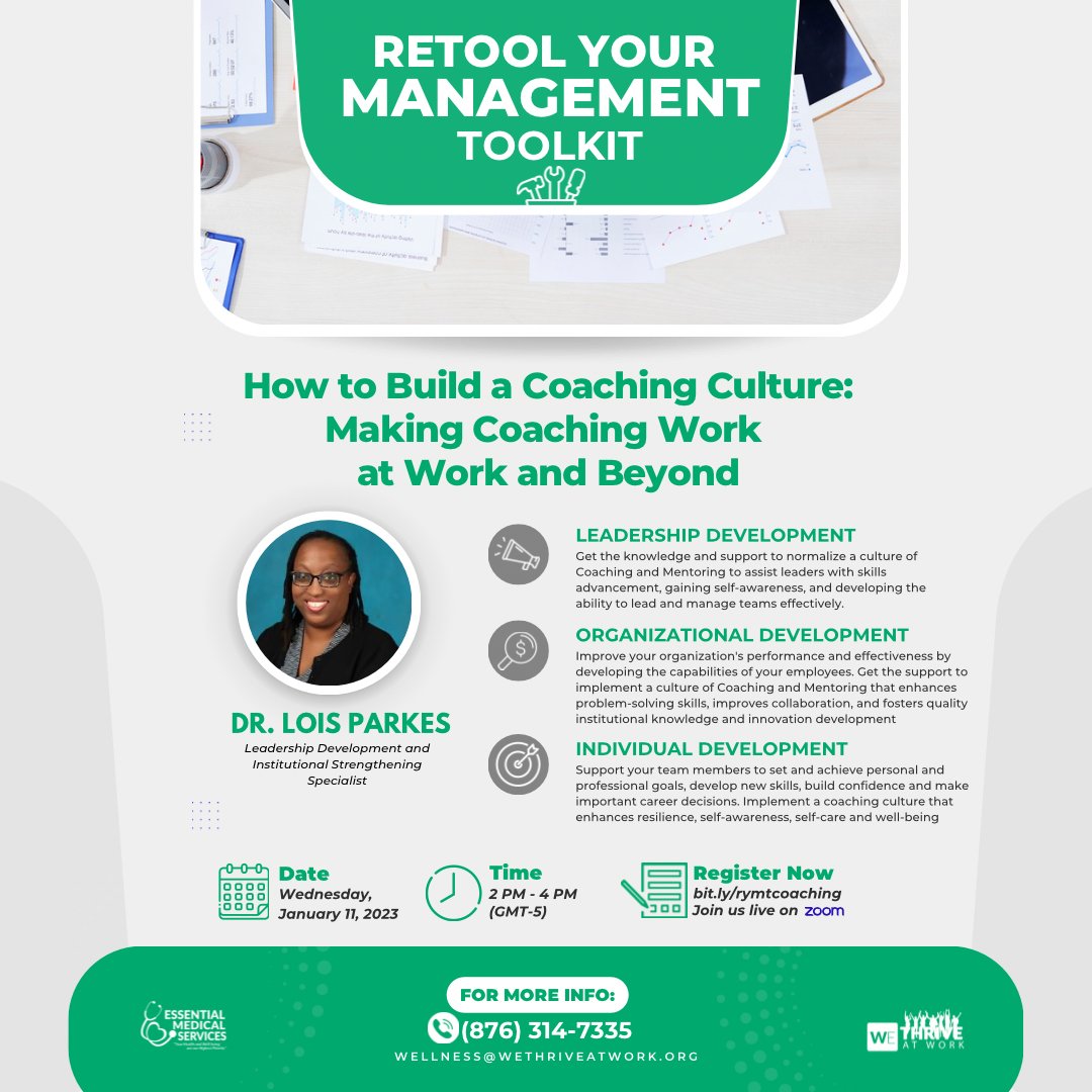 💼 EMS' Thrive At Work team invites you to this Wednesday's Retool Your Management Toolkit: "How to Build a Coaching Culture — Making Coaching Work at Work and Beyond". 

📝 Register by visiting bit.ly/rymtcoaching (limited seats, register early).

#RYMT #WeThriveAtWork