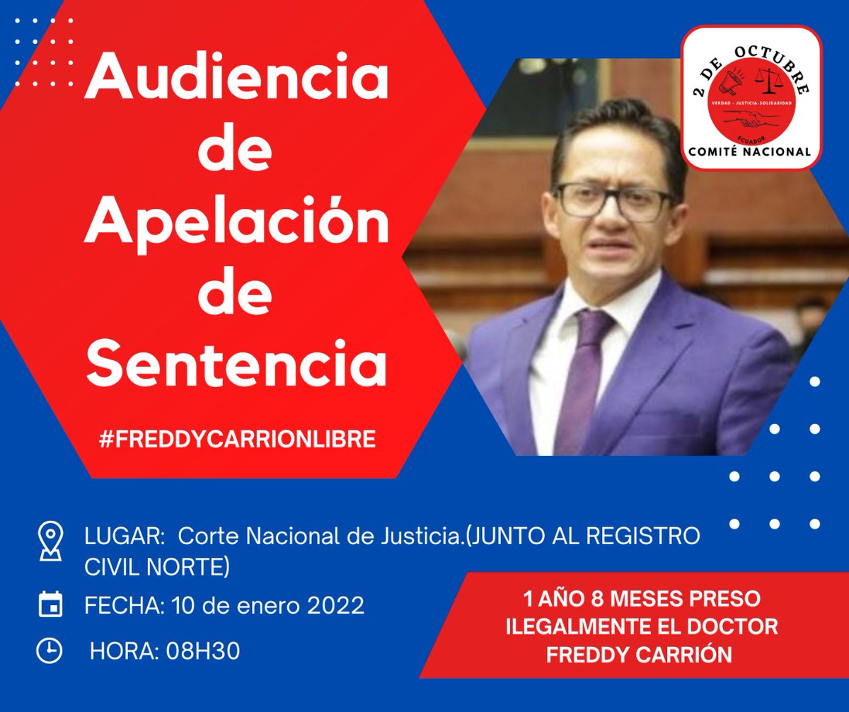 SonPatty's tweet image. Hace 1 año 8 meses se fraguó el FRAUDE PROCESAL en contra del ex Defensor del Pueblo doctor #FreddyCarrion acompañennos a la  Apelación de Sentencia mañana 08H30 en la Corte Nacional.
#CIDH #PresosPolíticos #FreddyCarrion #LosCorruptosSiempreFueronEllos @PrisSchettini