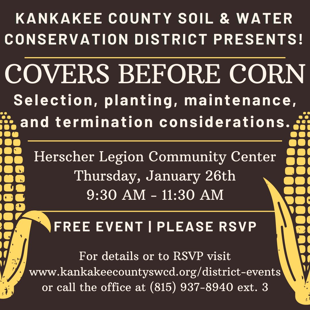 Interested in adding cover crops to your farm? Join us to discuss cover crops, planting, maintenance and termination methods used to manage cover crops. This is a FREE event. RSVP at kankakeecountyswcd.org/district-events or by calling the office at (815) 937-8940 ext. 3. Hope to see you there!