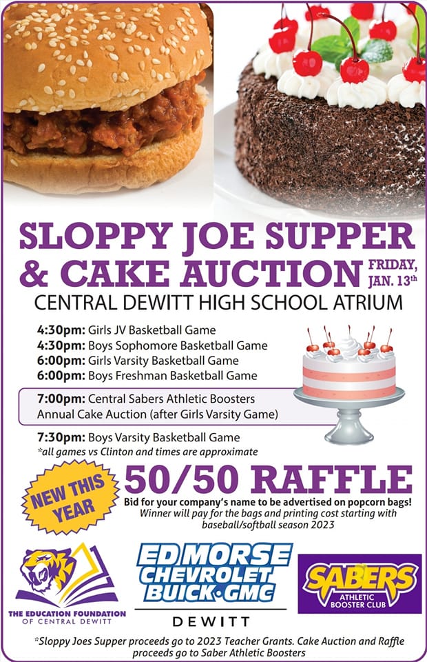 CentralDeWitt's tweet photo. On Friday, grab dinner at the Ed Foundation's Sloppy Joe Supper and bid on a cake at the athletic booster's cake auction at the home basketball games! If making a cake, it must be at the CDHS Media Center by 4 p.m. on Jan. 12th for judging. Thanks for supporting our Sabers! https://t.co/Hgadq9EakE