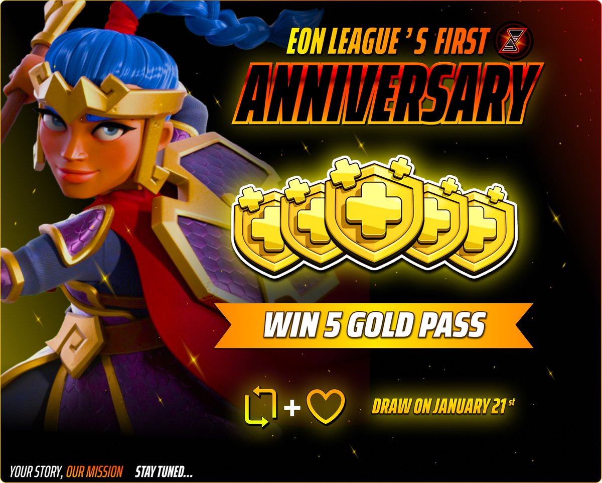 🚨After a year of intense battles, while you're all eagerly waiting the next edition of the Zenith Division and our new ranked system, we give you the opportunity to win 5 Gold Pass !

👉 Follow the Eon League
👉 Tag the 2 most creative players that you know
👉 Retweet &amp; like