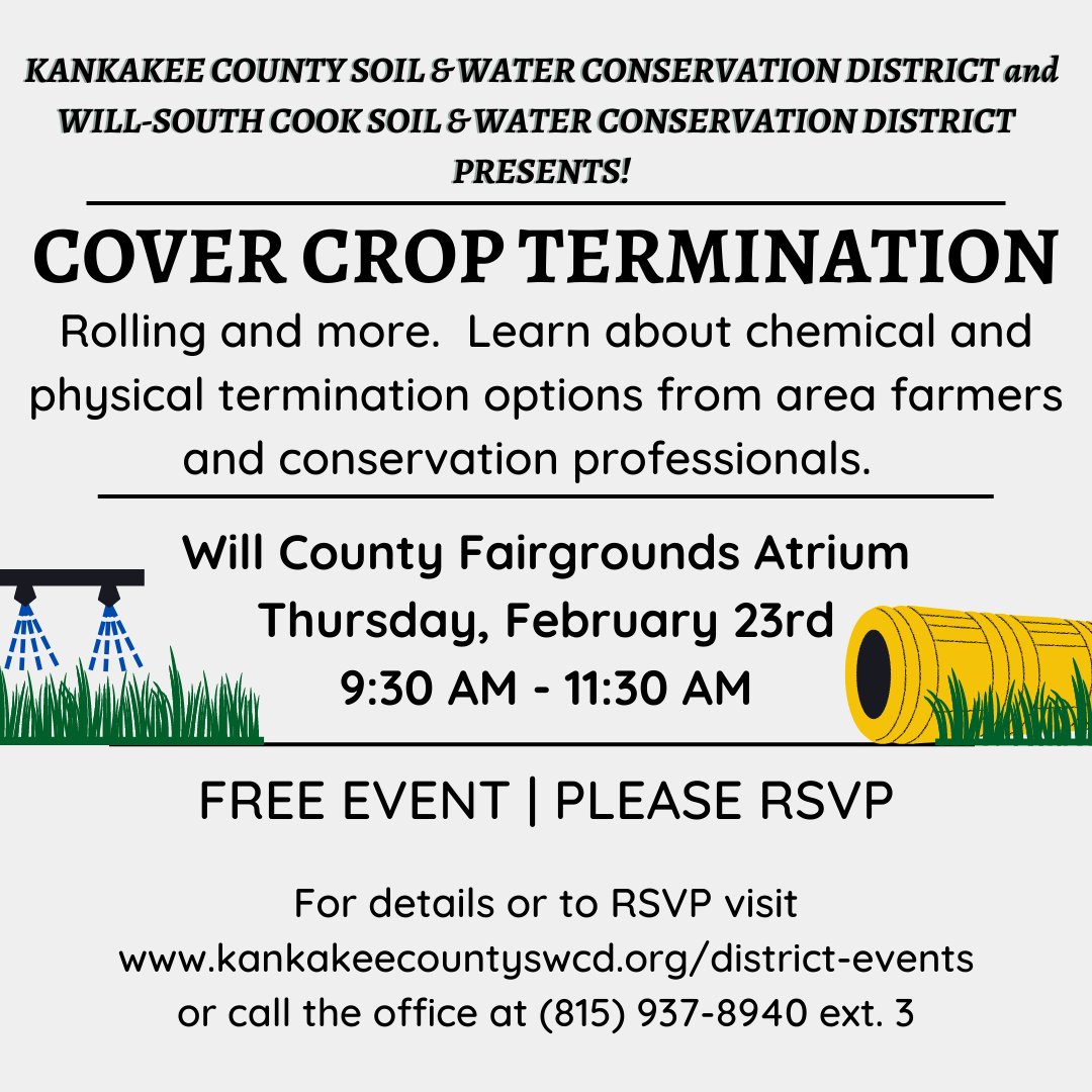 Interested in adding cover crops to your farm? Join us to learn about cover crop termination methods. Roller crimping and chemical spraying methods will be discussed. This is a FREE event. RSVP at kankakeecountyswcd.org/district-events or by calling the office at (815) 937-8940 ext. 3.
