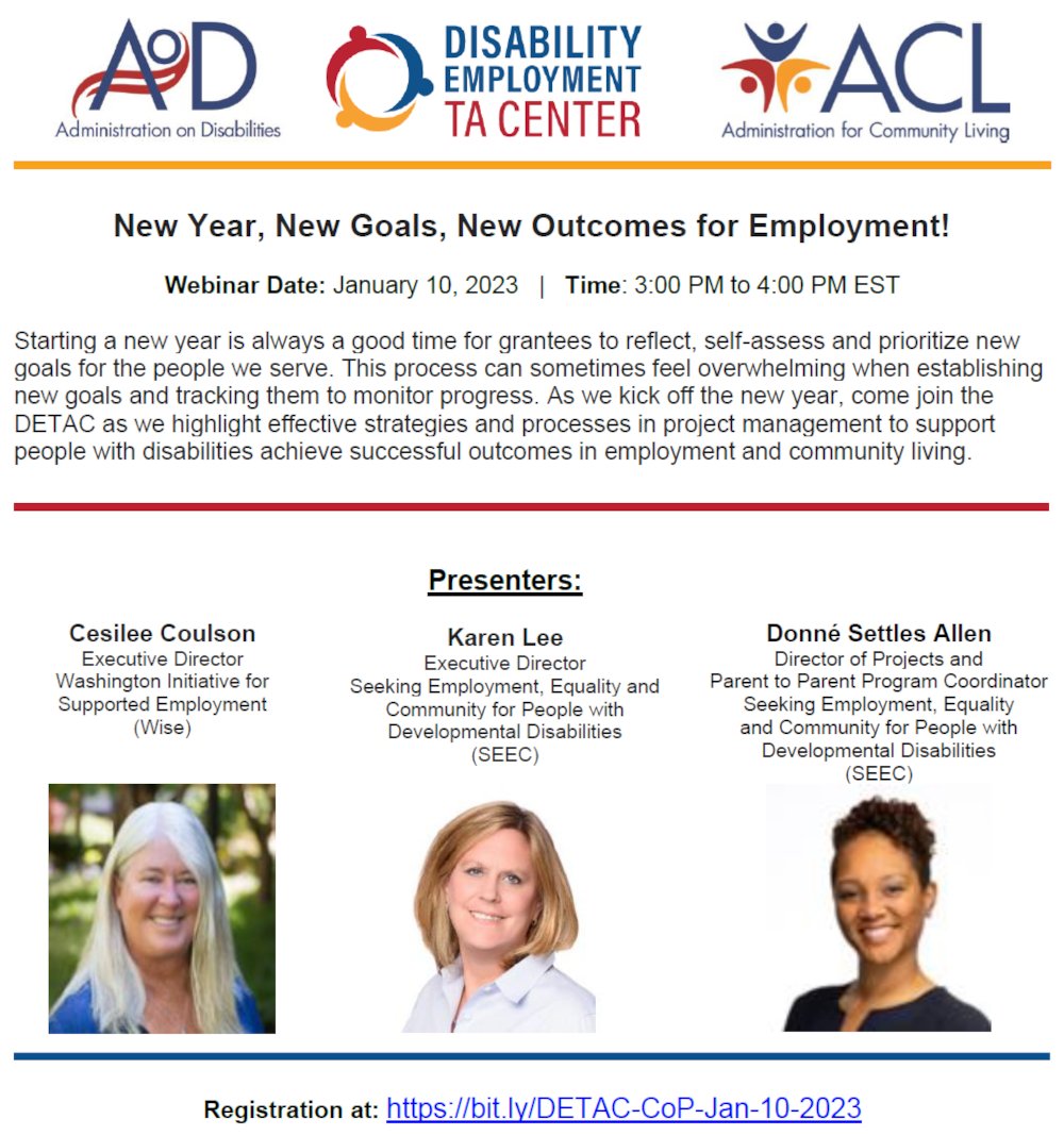 AoDEmployTACntr's tweet photo. Reminder: there is still time to register for tomorrow's DETAC webinar, "New Year, New Goals, New Outcomes for Employment!", presented by Cesilee Coulson, Karen Lee and Donné Settles Allen. Learn more and register here: https://t.co/V5iZruxfH2 #CompetitiveIntegratedEmployment https://t.co/ttXBhXlPAM